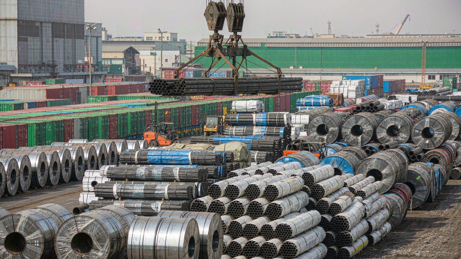 Steel products bundled for sea shipment, container loading
